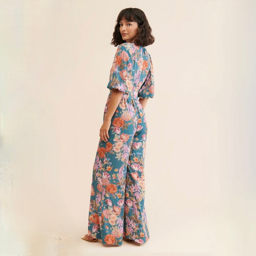 Anthropologie Kachel Floral Balloon Sleeve Jumpsuit - Blue Green - Size 0 - Picture 2 of 9